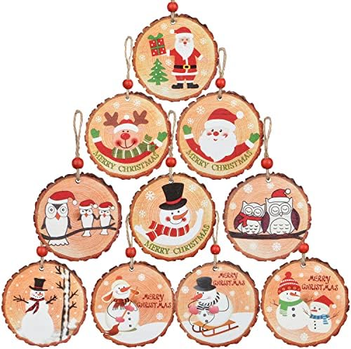 Lvydec 10pc drveni Božić Haning Ornamenti, 3 inčni okrugli Tree ornamenti sa Božić tematske slika za božićnu