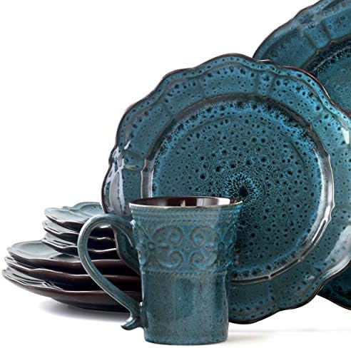Elama Round Stoneware sa skelopiranim ivicama posuđa za posuđe, 16 komada, plava