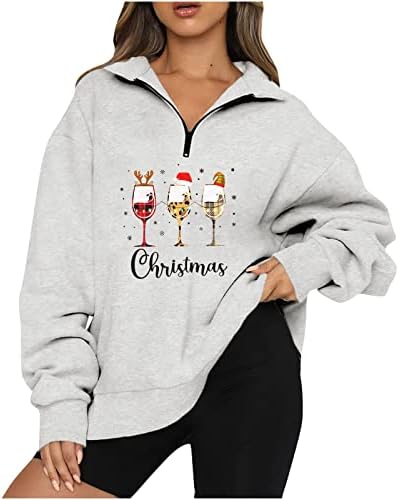 Božićni ženski prevelirani polovina zip pulover dugih rukava dugih rukava četvrtina zip džemper tinejdžerke padaju
