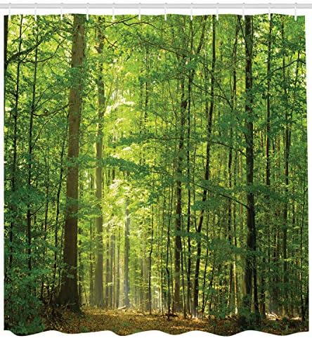 Ambesonne Woodland tuš zavjesa, listopadna šumska stabla u ljetnom ligu sunčeve zrake Romantični odmor Scenic slika, tkanina od tkanine kupatilo set sa kukama, 69 Š x 84 L, zeleno