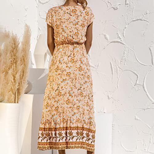 Fragarn Ljeto Maxi haljine za žene Boho casual gumb dole V izrez cvjetna kratka rukava s kratkim rukavima