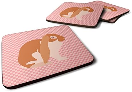 Caroline's bysures BB7962FC English Lop Rabbit Pink Check Foam Coaster set od 4, 3 1/2 x 3 1/2,