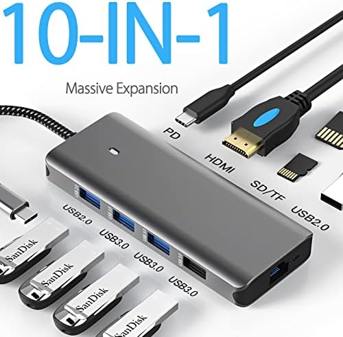 USB C HUB, USB C priključna stanica 10-u-1 sa 4k HDMI, 100W isporuka napajanja, 3 USB2.0, čitač