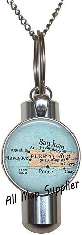 AllMappplier modna kremacija urn ogrlica, Portoriko Karta Urn, PUERTO RICO kremacija urna ogrlica, Portoriko