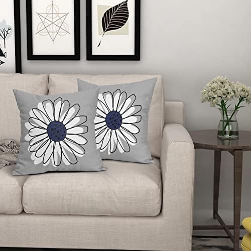 Navy Plavi bijeli list za bijelu tratinčicu 18x18 set od 2 proljetnog ljeto sivog sivog ukrasnog bacanja jastuci na otvorenom modernom umjetničkom cvijećem jastučnicu kvadratni kauč za jastuk za kućni kauč na kauču