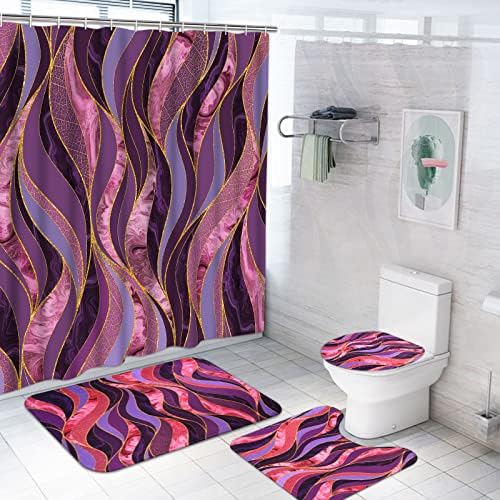 4pcs Purple i Zlato Wafty Striped tuš sa zastorom sa prostirkom za kupatilo za pamćenje, neklizajući