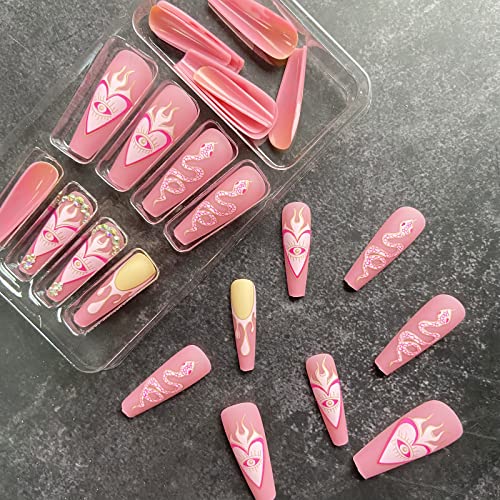 Francuska presa na noktima Pink lažni nokti kovčeg oblik lažni nokti sa rhinestone dizajnom srce kap vode zmija