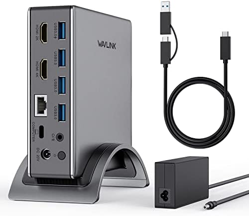 WAVLINK USB C Hub, USB C priključna stanica, 10 u 1 Adapter za dvostruki ekran sa dvostrukim HDMI 100W PD Gigabit Ethernet 4-polnim priključkom za telefon 5 USB portova za MacBook i Windows