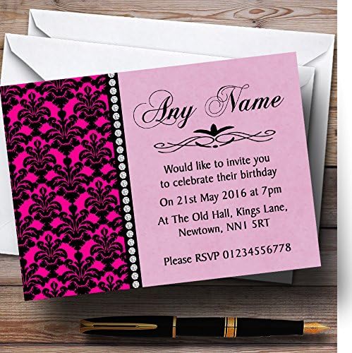 Brighper Pink Black Damask & Diamond personalizirani pozivnice za rođendan