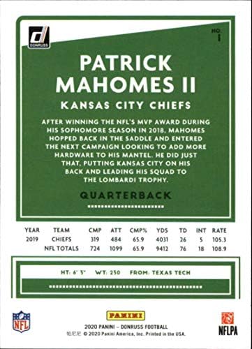 2020 Donruss Fudbal # 1 Patrick Mahomes II Kansas Chiefs Chiefs Službena NFL trgovačka karta Panini Amerike