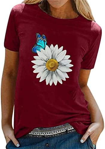 NYYBW Ženska ljetna majica kratkih rukava s ležernim dnevnim cvijećem i leptir o vratu Famlily