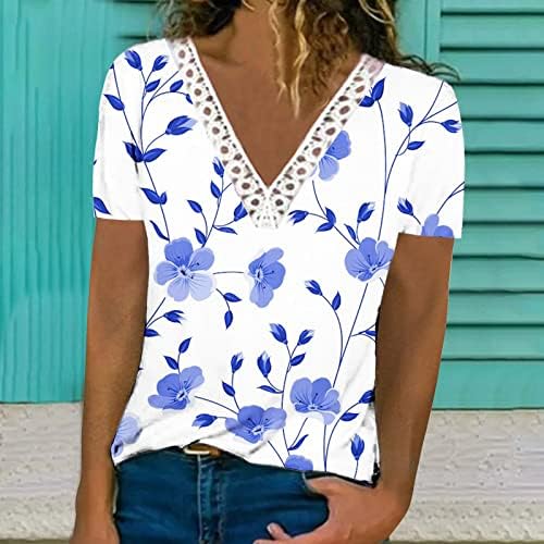 Ženski Vneck čipka Spandex Tops Lounge Bluze za dame kratki rukav cvjetni ispis pada ljetni vrhovi 2023