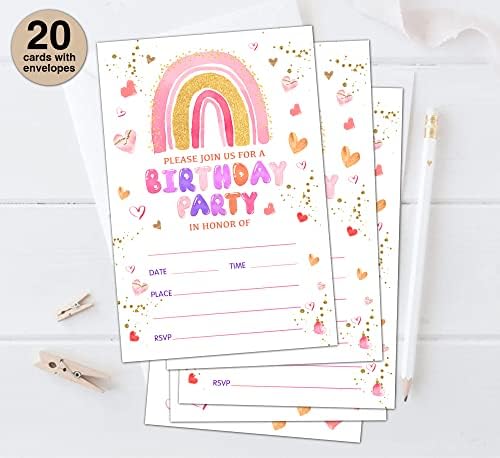 Pozivnice za rođendan, za djevojčice Dječji djeci ili tinejdžeri Pink Boho Rainbow Party Pozovite kartice, dostava za zabavu, ukrasi - 20 kartica sa kovertama po paketu