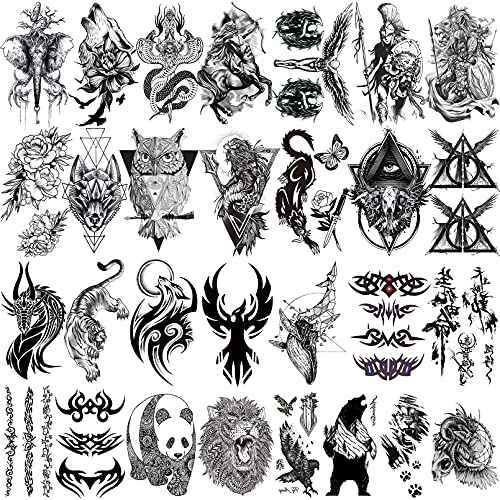 Aresvns privremena tetovaža pola rukav za muškarce žene i djecu,Crna realistična pola ruke lažne tetovaže vodootporan,Panda,tigar,medvjed,vuk,zmija, Orao, drevni ratnici
