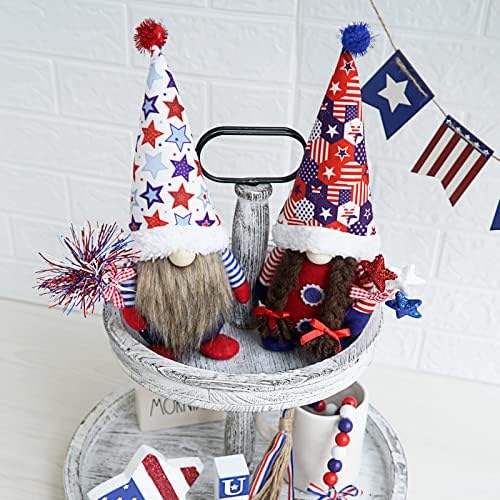 4. jula Gnome ukrasi, patriotski gnomi pliša, crvene bijele i plave zvijezde trake ukrasi za