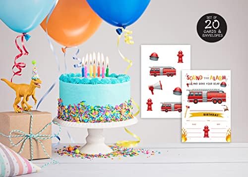 Qofo Poziv za vatrogasno vozilo - set od 20 sa kovertama, tematske pozivnice sa vatrogasnim alarmom, rođendanskim