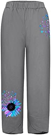 ICJJL ženske pamučne posteljine labave hlače ispis suncokreta elastične strugove casual pantalone devet-točke