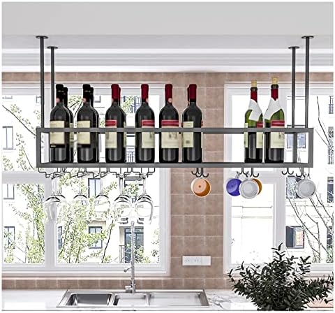 KEppd viseći stalak za vino, Podesiva visina i širina metalni stropni stalak za flaše sa staklenom policom