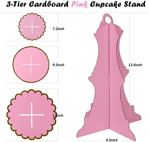 Pink kartonski cupcake, ružičasti nosač kolača za stalak za stalak za stalak za desert, 3-nivoski obložni nosač savršeni za djevojčice ružičaste i zlatne rođendane za bebe kupljenje za tuširanje