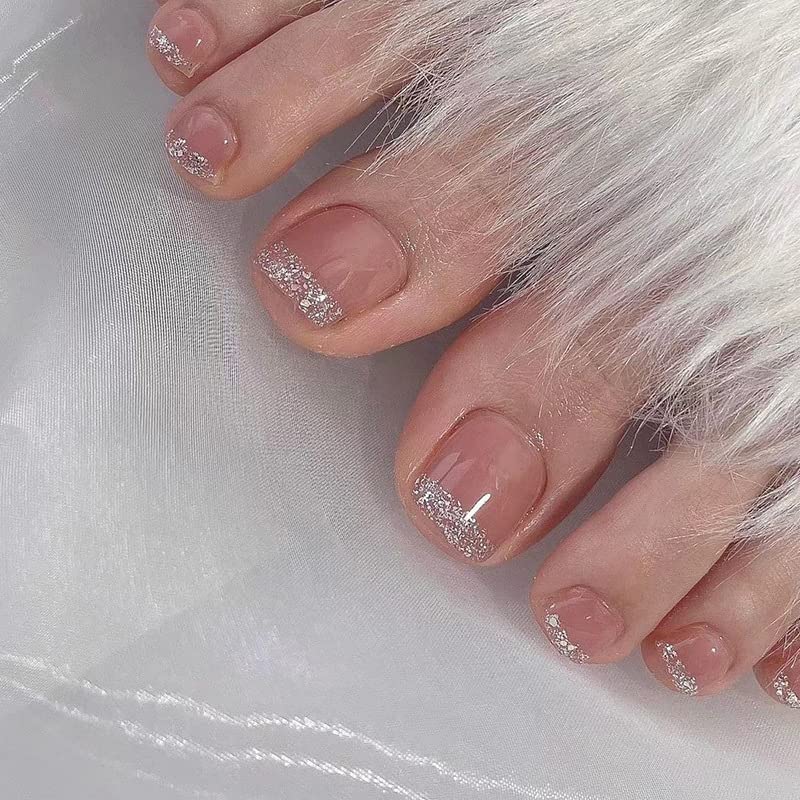 YOSOMK 48kom Pink Press on Nails & amp; Set noktiju na nogama Glitter francuski vrh lažni prsti vrhovi za nokte kratki akrilni presi za nokte ljepilo na noktima Nude kvadratni ljetni lažni nokti na nogama za žene