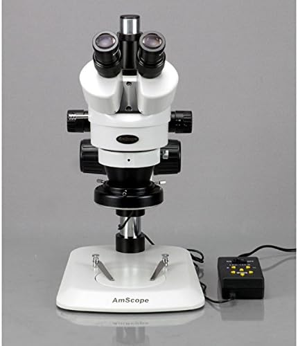 AmScope SM-1TNZ-144a-5m digitalni profesionalni Trinokularni Stereo Zoom mikroskop, Wh10x okulari, uvećanje 3.5 X-90X, zum objektiv 0.7 X-4.5 X, Četverozonsko LED prstenasto svjetlo, postolje za stub, 110v-240v, uključuje sočiva od 0.5 X i 2.0 X Barlow i kameru od 5MP sa redukcionim sočivom i s