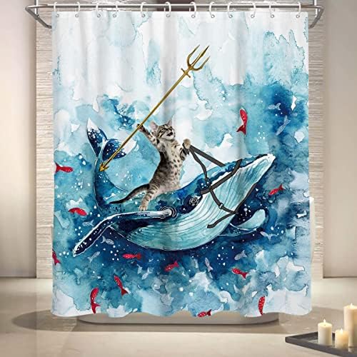 Coxila Funny CAT tuš sa zavjesa 60x72 inča Slatka životinja Vožnja kitova Ocean Wave Fish Sredna kupaonica Poliesterska tkanina Vodootporna 12 pakovanja Kuke