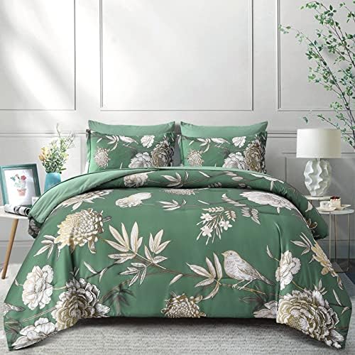 Zeleni cvjetni komfor, 7 komada u krevetu u torbi kraljica veličine Komforper postavljena zelena ljetna posteljina set botaničkih i ptica uzorak, mekani posteljina za mirovicu