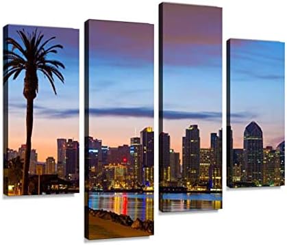 San Diego Downtown Skyline i Palma u zoru Canvas Wall Art viseće slike moderno umetničko delo apstraktne slike štampanje slika dekoracija Doma poklon jedinstveno dizajniran uokviren 4 Panel