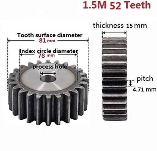 XMEIFEITS industrijski zupčanik 2kom 1.5 M 52teeth Spur Gear Carbon 45 Čelični dijelovi za prijenos