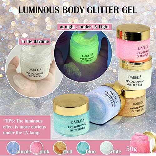 DAGEDA Body Glitter Grow in the Dark, Body Shimmer Holographic Glitter gel Makeup, Face Fine Glitter Luminous