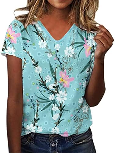 Ljeto Ženski kratki rukav V izrez cvjetni tiskani TOP T majice Ležerne majice Tee scoop vrat dugih rukava za žene G-plava