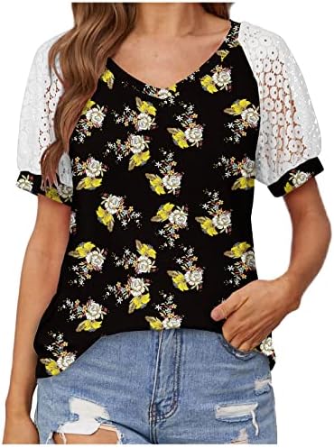 Ženska ljetna čipka kratkih rukava V izrez Elegantna majica slatka cvijeća grafička labava casual cove bluza