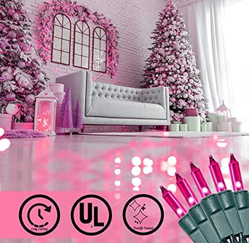 Pink Božićna žičana svjetla, 100 mini Fairy Lights Set, zelena žica 20.6 Ft tradicionalni Valentinovi ukras