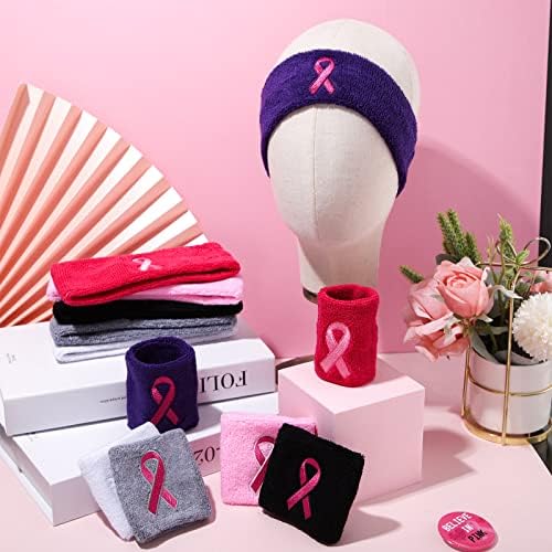 24 komada narukvice za svijest o raku dojke i 12 komada traka za glavu od frotira za oboljele od raka, pokloni za žene za preživljavanje od raka dojke, Poklon Set ružičastih traka za trenirke