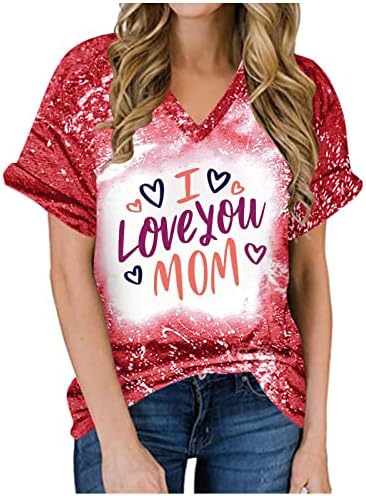 Volim te mama Tie Dye T-Shirt za žene Casual V vrat Izbijeljene Tees pismo Print Mama uznemirena za majku
