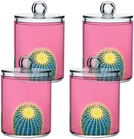 Yyzzh plavi kaktus trendy svijetle ljetne boje na ružičastom 4 pakovanju QTIP-ovog držača za pamučnu kuglicu okrugli jastučići floss 10 oz apoteka za kupatilo Organizator šminke za skladištenje kupaonice