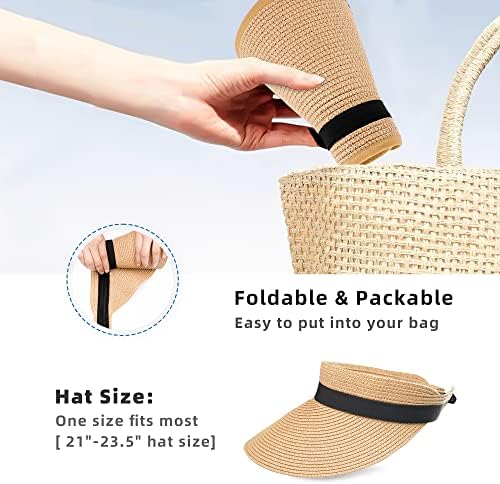 Sun Visoors Hat Žene na plaži Straw HATS široki rub Ljeto Sun UV zaštita Visor Hat Roll UpF50 + Ponytail kapa