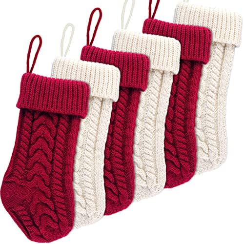 Meriwoods Božićne čarape 6 pakovanje 15 inča, veliki kabelski plemen Xmas Čarapa za porodičnu, pletenu zemlju rustikalni personalizirani odmor u zatvorenom uređenju, burgundija crvena i krema
