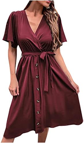 Lmdudanske ljetne haljine za ženska modna solidna boja V tipka za ljuljanje Swing haljina slobodna udobna haljina s kratkim rukavima