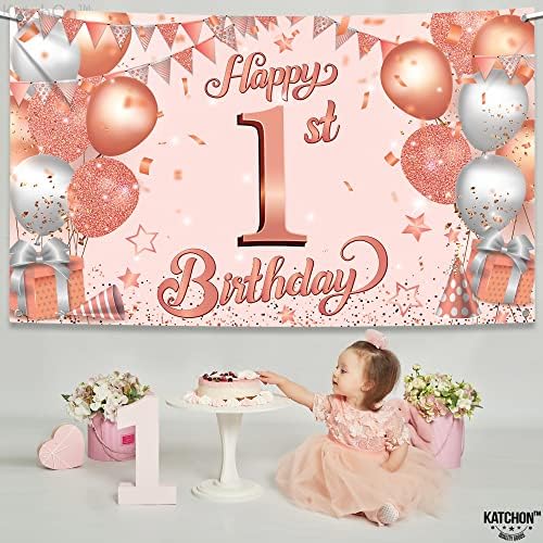 Katchin, Veliki Happy 1. rođendan Baner - 72 x 44 inča | Rose Gold sretan prvi rođendan Baner za djevojku | Prvi rođendan ukrasi za djevojku | 1. rođendan Backdrop za 1. rođendan dekoraciju