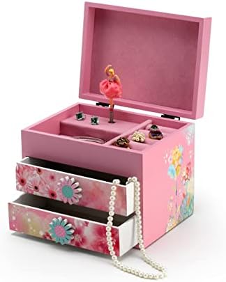 Pink drvena cvjetna tema 18 Napomena Spinning Ballerina muzička kutija - Mnoge pjesme koje