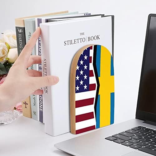 Boje zastave Sjedinjenih Država i Švedske Drvo Bookend dekorativni kraj knjige bez klizanja 1 par 7x5