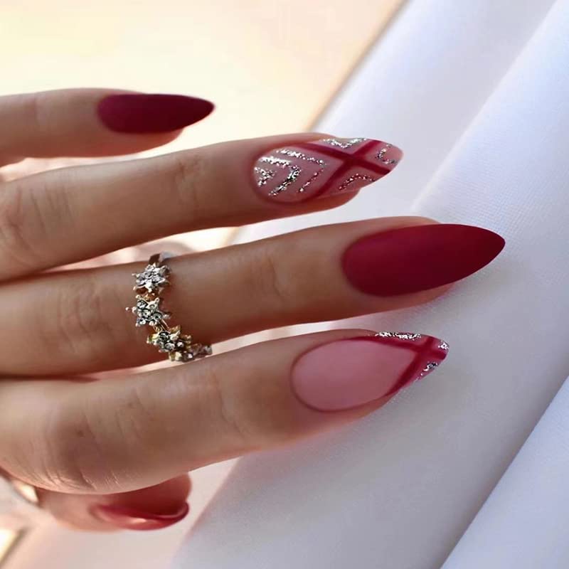 diduikalor Crvena presa na noktima badem srednji sjaj lažni nokti, lepak na noktima francuski lažni nokti sa dizajnom sjajni veštački štap na noktima statički nokti za žene 24kom