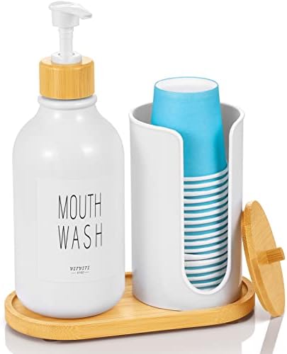 Vitviti 4 pakovanje bambusov dodatni pribor za kupatilo, čista za četkicu za zube od četkica za zube 17oz Dispenzer za ispiranje usta s držačem za čaše, konac / pamuk / pamučni kanistar / kanistar kuglice, plastikom