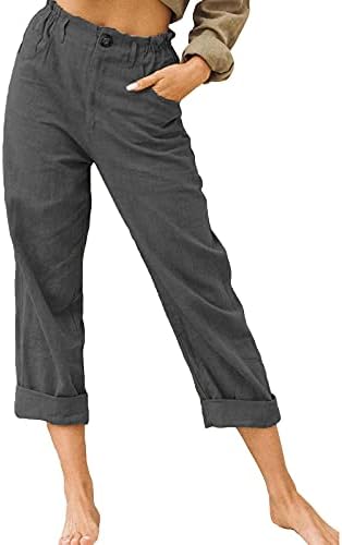 Meymia Womens Pamučne posteljine pantalone, 2023. ljetna ženska modna lagana tipka za prednjeg struka ravna prednja kantala