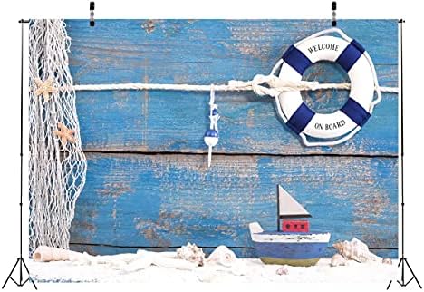 BELECO 5x3ft tkanina Nautička pozadina plutača za spašavanje i čamci za igračke na plavoj drvenoj