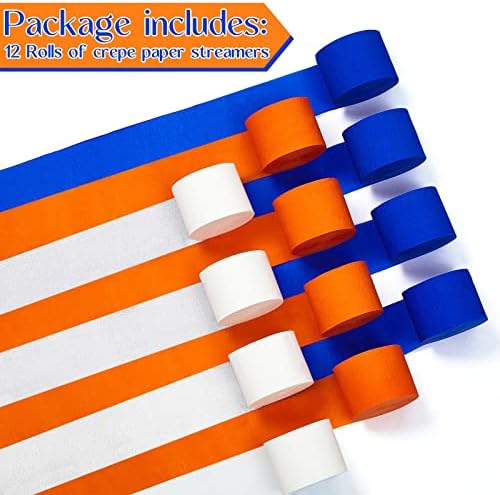 12 valjavi mornarsko plave narančasto bijeli krep papirnim streamerima 1,8 inčni široki partnični ukrasi