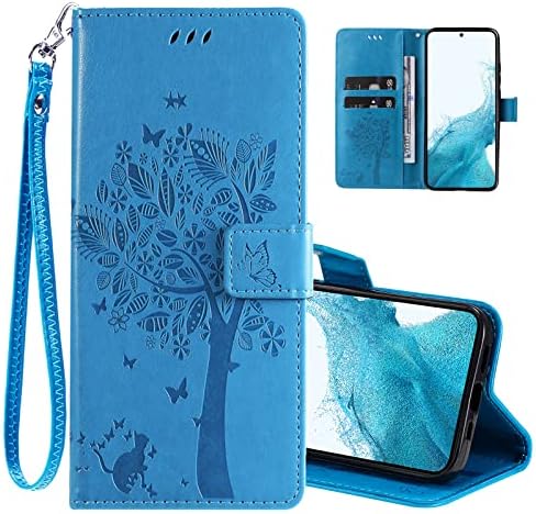 Futrola za telefon za Samsung Galaxy S23 Plus futrola,torbica za Novčanik, PU kožno Drvo Cat Flowers reljefni Slotovi za kartice sa narukvicom džepni stalak preklopni poklopac za Samsung Galaxy S23 Plus plava