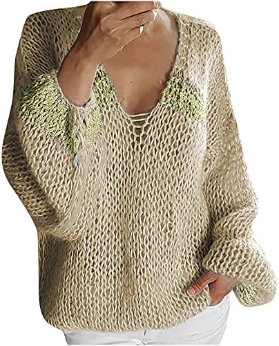 Pad džempera za žene, žene vrhovi modni V-izrez jesenski novi pleteni majica dugi rukavi dame seksi šupljih ispis bluze
