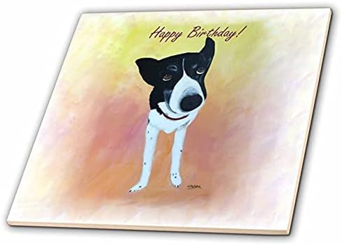 3drose slatka slika psa Border Collie gleda na Sretan rođendan-pločice